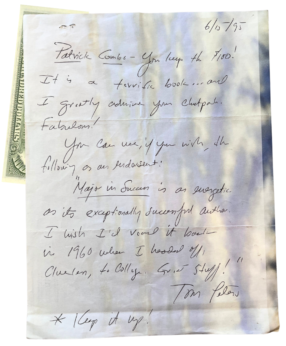 Tom Peters' handwritten reply with $100 bill attached