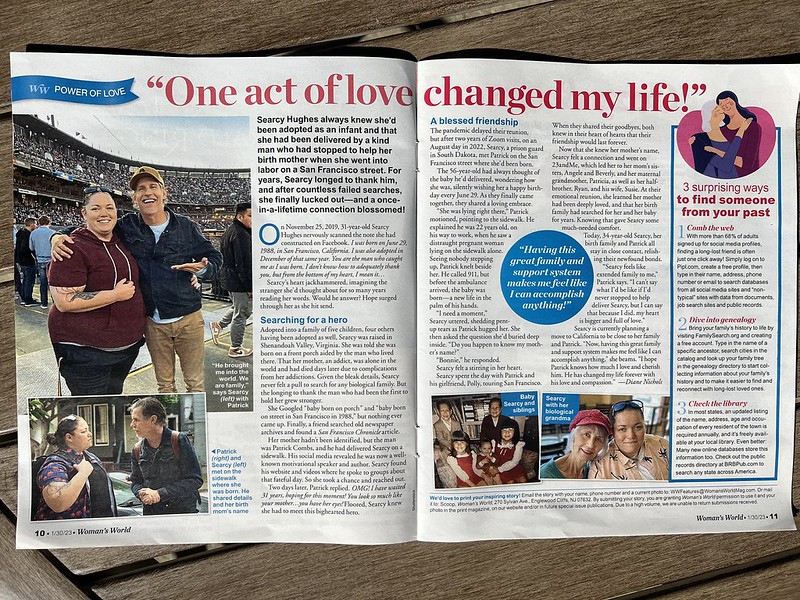 Woman's World magazine feature on the reunion between Patrick Combs and Searcy Hughes